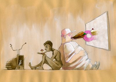 Allegorische voorstelling van onze gedeelde samenleving als een consumentensamenleving overdreven als een jonge westerse obese die fastfood eet voor een gigantisch scherm, naast een uitgehongerde man die wanhopig naar een appel kijkt voor een televisie door Alessandro Lonati