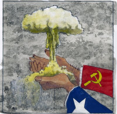 Allegorische voorstelling van de Koude Oorlog als Amerikaanse en Sovjet-handen die de atoomwolk vasthouden (Illustratie door Alessandro Lonati) door Alessandro Lonati