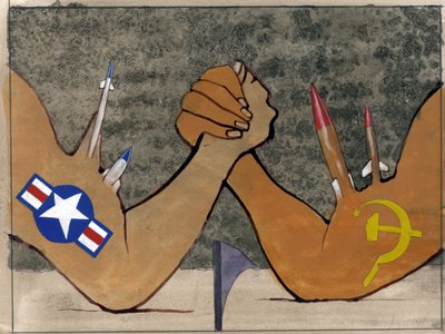 Allegorische voorstelling van de koude oorlog als een armpje drukken tussen de strijdkrachten van Amerika en de Sovjet-Unie Illustratie door Alessandro Lonati door Alessandro Lonati