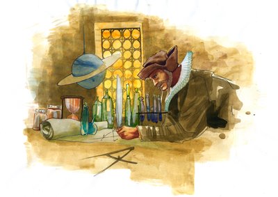 Een alchemist in zijn laboratorium omringd door flessen en destilleerkolven die de inhoud van een fles onderzoekt door Alessandro Lonati