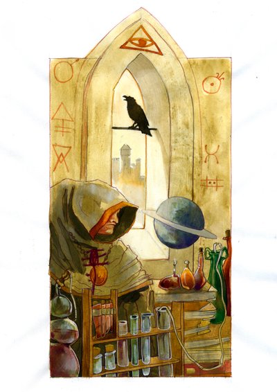 Een alchemist in zijn laboratorium omringd door flessen en distilleerapparaten die de inhoud van een fles onderzoekt door Alessandro Lonati