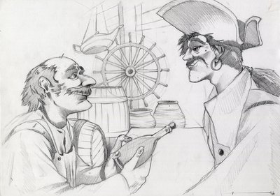 Caraïbische piraat in een herberg met een fles (Illustratie) door Alessandro Lonati