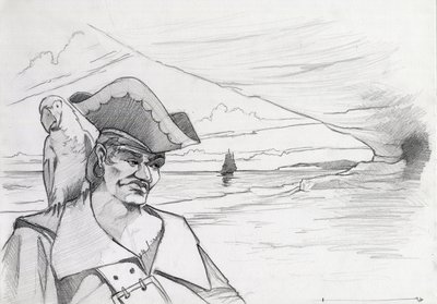 Caraïbische piraat met papegaai op zoek naar een schat in een grot op een strand, met galjoen door Alessandro Lonati