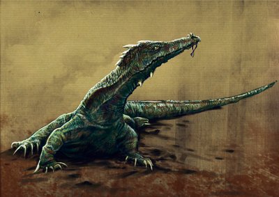 Fantastische monsters en wezens, cryptozoologie: voorstelling van een buru, grote hagedis die zou zijn gezien in noordoost India door Alessandro Lonati