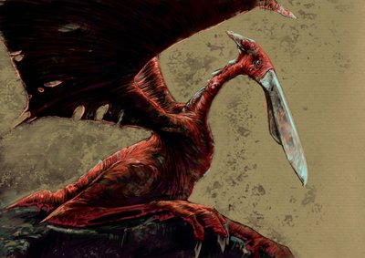 Fantastische monsters en wezens, cryptozoologie: representatie van een kongamato, een vliegend pterosaurusachtig wezen dat zou zijn gezien in de Jiundu-moerassen van het Mwinilunga-district in West-Zambia - Tekening door Alessandro Lonati, 2012 door Alessandro Lonati