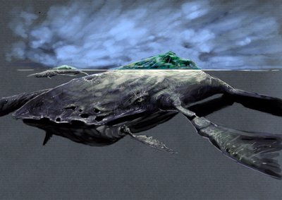 Fantastische monsters en wezens, cryptozoologie: representatie van een zaratan, monsterlijke zeeschildpad, lijkend op een eiland door Alessandro Lonati
