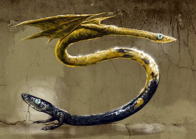 Fantastische monsters en wezens, cryptozoologie: voorstelling van een Amphisbene, mythologische slang met twee hoofden door Alessandro Lonati