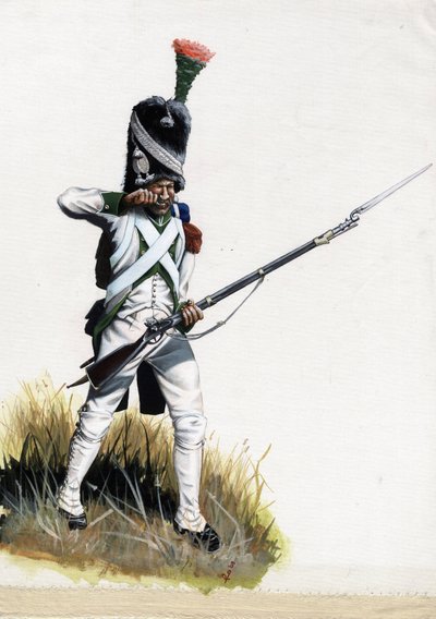 Eerste Keizerrijk: Velite soldaat van het grote Napoleontische leger in Italië die een patroon opent door Alessandro Lonati