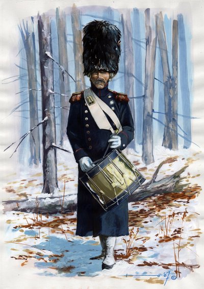 Eerste Keizerrijk: soldaat van het grote Napoleontische leger, trommelaar van de grenadiers van de Franse Keizerlijke Garde in mantel door Alessandro Lonati