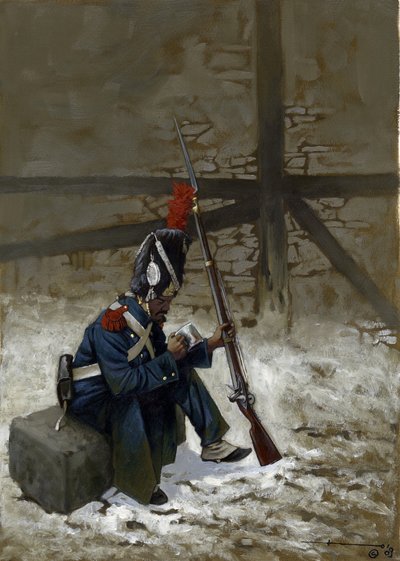 Eerste Keizerrijk: Garde grenadier in een jas zittend in de sneeuw door Alessandro Lonati