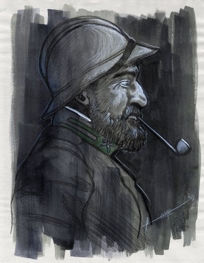 Eerste Wereldoorlog 1914-1918: profielportret van een soldaat van het Italiaanse leger die pijp rookt in 1915 door Alessandro Lonati