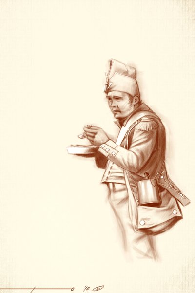 Eerste keizerrijk: lichte infanteriesoldaat tijdens maaltijd tijdens een campagne van Napoleon I (waarschijnlijk in Rusland) Begin 19e eeuw. door Alessandro Lonati