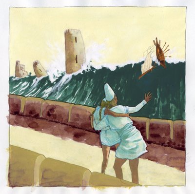Illustratie van de mythe van het eiland dat verdween onder de Atlantische Zee: tsunami overspoelt de Griekse stad van het legendarische eiland. door Alessandro Lonati