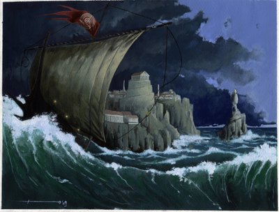 Illustratie van de mythe van het eiland dat onder de Atlantische Zee verdween: uitzicht op de Griekse stad van het legendarische eiland voor zijn verdwijning. Kleuren tekening door Alessandro Lonati. door Alessandro Lonati