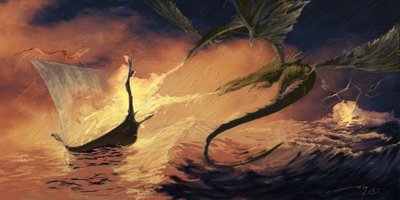 Legendarisch wezen: draak die een drakkar (Vikingboot) aanvalt door Alessandro Lonati