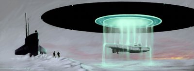 Ontmoeting op de Noordpool tussen een U-boot onderzeeër en een vliegende schotel (UFO, UFO of buitenaards wezen) voor de teruggave van een onderzeeër die tijdens de oorlog door buitenaardse wezens werd meegenomen. door Alessandro Lonati