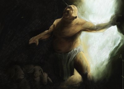 Odyssee van Homeros: de Cycloop Polyphemus wordt verblind door Odysseus in zijn grot. Illustratie door Alessandro Lonati. 2010 door Alessandro Lonati