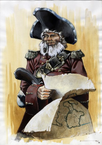 Portret van een piraat of zeeman met een driehoekige hoed en een schatkaart in zijn handen door Alessandro Lonati