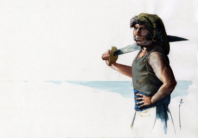 Portret van een piraat of zeeman met een zwaard die naar de zee kijkt door Alessandro Lonati