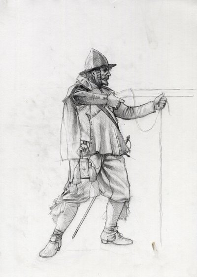 Portret van een scheepssoldaat uit de 17e eeuw die zich in een schietpositie plaatst door Alessandro Lonati