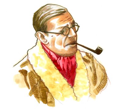Portret van de Franse schrijver, filosoof en toneelschrijver Jean-Paul Sartre door Alessandro Lonati