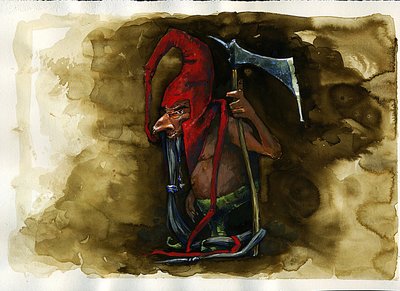 Representatie van een Rode Muts (Red cap, powrie of dunter, Red-Bonnet) legendarisch kwaadaardig wezen van de Goblin familie uit de Britse folklore Illustratie door Alessandro Lonati door Alessandro Lonati