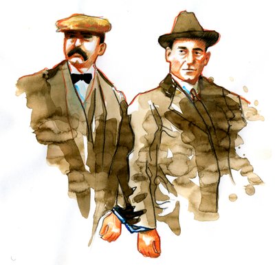 Sacco en Vanzetti zaak: portret van de Italiaanse anarchisten Bartolomeo Vanzetti (links) en Nicola Sacco door Alessandro Lonati