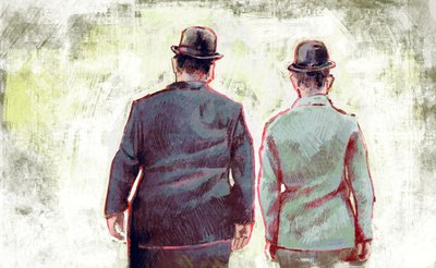 Stan Laurel en Oliver Hardy marcheren naar de horizon (illustratie) door Alessandro Lonati