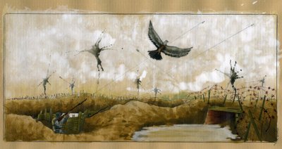 Eerste Wereldoorlog: een passagiersduif die een bericht draagt, wordt beschoten door een Duitse soldaat in een loopgraaf die probeert een bericht te onderscheppen 1914-1918 door Alessandro Lonati