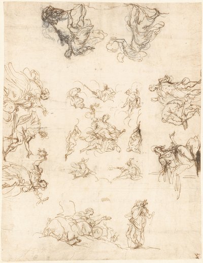 Een plafond met compartimenten met allegorieën en mythen door Alessandro Maganza