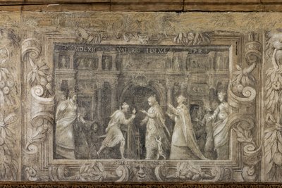 Monochrome fresco die theatrale producties reproduceert door Alessandro Maganza