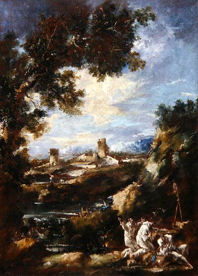 Landschap met Karmelieten die bidden bij een wegkapel door Alessandro Magnasco