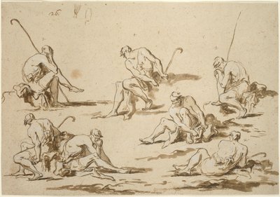 Studieblad met zittende figuren door Alessandro Magnasco