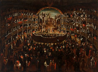 Het theater, met een scène uit de opera "Bernice Vendicativa" op het podium door Alessandro Piazza