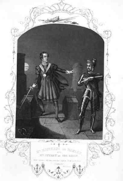 Mr Macready als Hamlet en Mr Stuart als De Geest, Act I Scene 5, in Hamlet door William Shakespeare, gegraveerd door George Hollis door Alexander (after) Reid