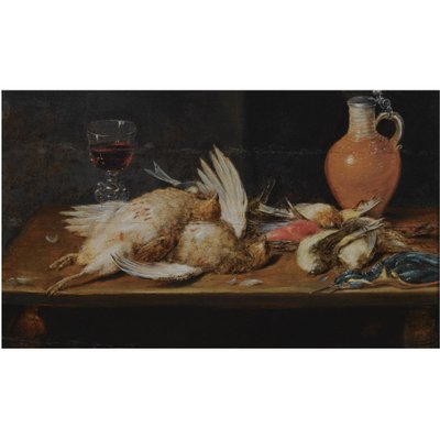 Een stilleven met een roodborstje, een ijsvogel, patrijzen en zangvogels, alles op een houten tafel, samen met een glas en een aardewerken kan door Alexander Adriaenssen