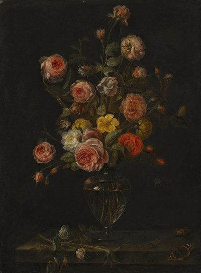 Een stilleven met rode, witte en roze rozen in een glazen vaas boven een stenen richel met vlinders, een sprinkhaan en een kever door Alexander Adriaenssen