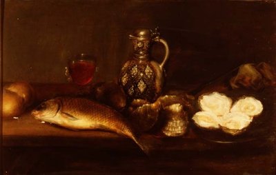 Een ontbijt stilleven met een steengoed kruik, vis en oesters door Alexander Andriessen