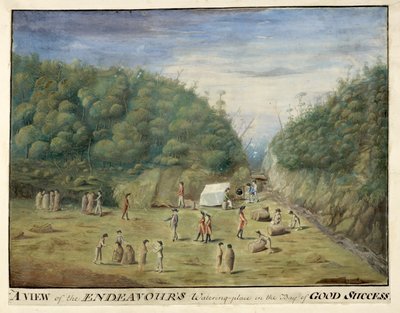 Een uitzicht op de waterplaats van de Endeavour in de Baai van Goede Succes, Tierra del Fuego, met inboorlingen, januari 1769 door Alexander Buchan