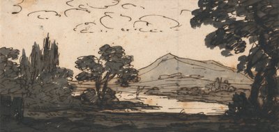 Landschap met berg en meer door Alexander Cozens