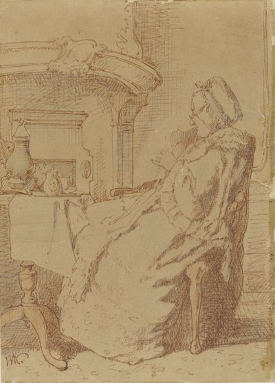 Zittende, breiende oude vrouw aan een tafel door Alexander Hugo Bakker Korff