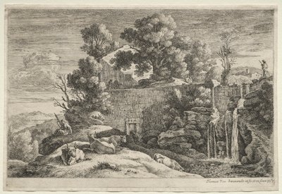 Landschap met een Vrouw die Spint door Alexander Jackson Davis