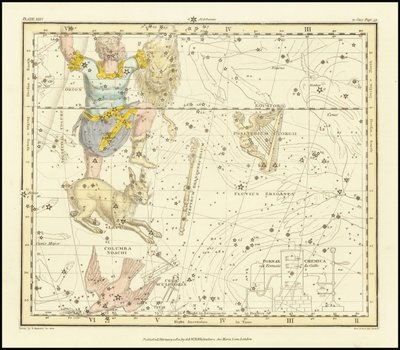 1822 - Alexander Jamieson - Orion, Psaltriem Georgii, Sceptrum Brandenburgium, Lepus en Columba Noachi door Alexander Jamieson