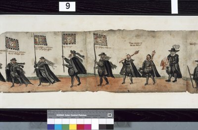 Detail van De Huntly Begrafenisstoet, gezegd te zijn gebruikt voor de uitvaart van George 1e, Markies van Huntly door Alexander Kincaid