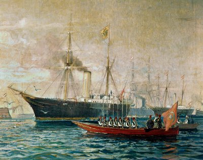 Aankomst van keizer Frans Jozef I aan boord van zijn HMS Greif in Port Said, voor de opening van het Suezkanaal ... (schilderij op doek) door Alexander Kirchner