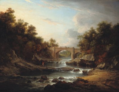 Uitzicht op de rivier Almond, nabij Edinburgh, met Almondell Bridge en een visser door Alexander Nasmyth