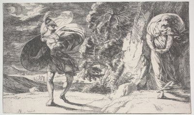 Fingal ontmoet Carbon Carglass, voor het eerst gedrukt ca. 1773 (ets) door Alexander Runciman