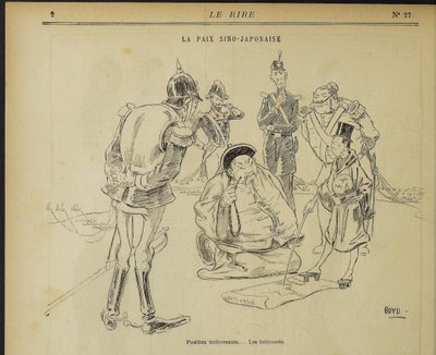 La paix sino-japonaise, Position interessante. Les interesses. Uit: Le Rire, 11 mei 1895 door Alexander Stuart Boyd