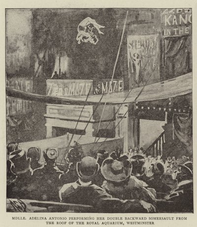 Mademoiselle Adelina Antonio voert haar dubbele achterwaartse salto uit vanaf het dak van het Royal Aquarium, Westminster door Alexander Stuart Boyd