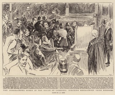 De schandelijke scène in het Lagerhuis, het uitzetten van weerspannige Ierse leden door Alexander Stuart Boyd